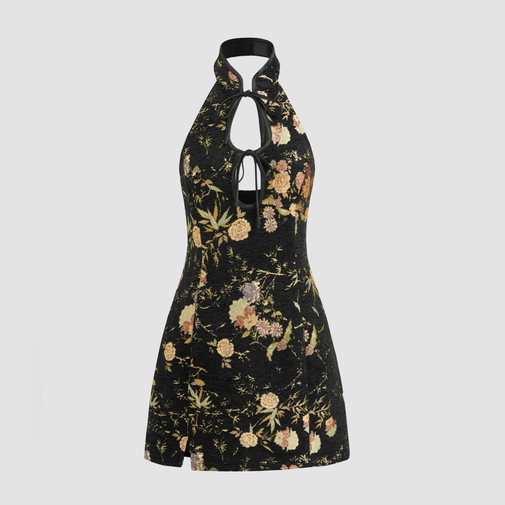 Cider Black & Gold Halter Sundress- JACQUARD halter neckline floral cutout mini